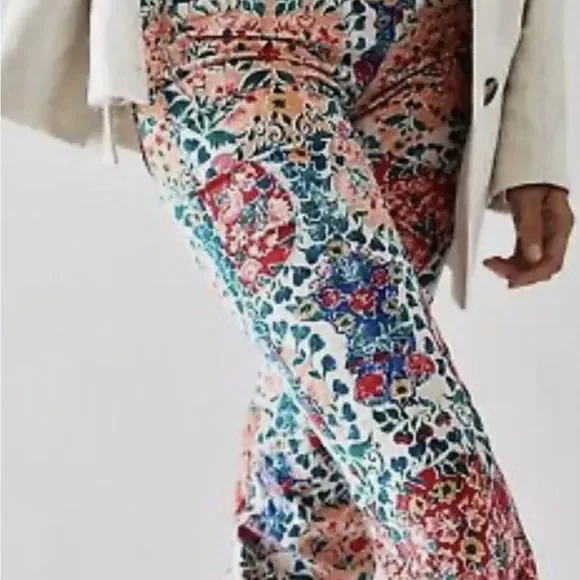 Free People Pull On Corduroy Printed Flares Stretchy Floral Red Blue Pink Nude - Picture 3 of 7